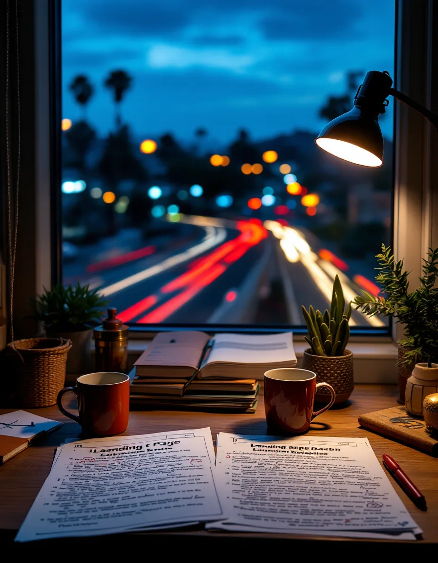 Marked-up launch drafts on a writer's desk beside a window with light trails