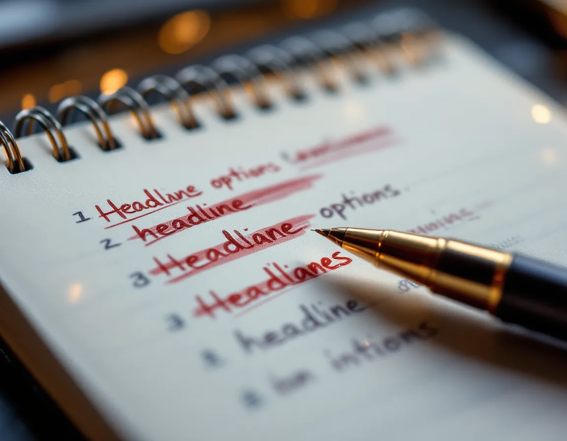 A notebook of crossed-out headline attempts beside a brass pen