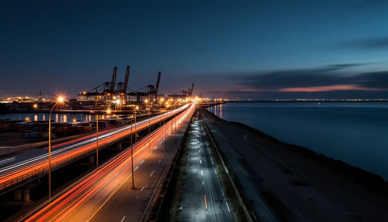 Long-exposure light trails streaking across a blue-grey Long Beach dusk