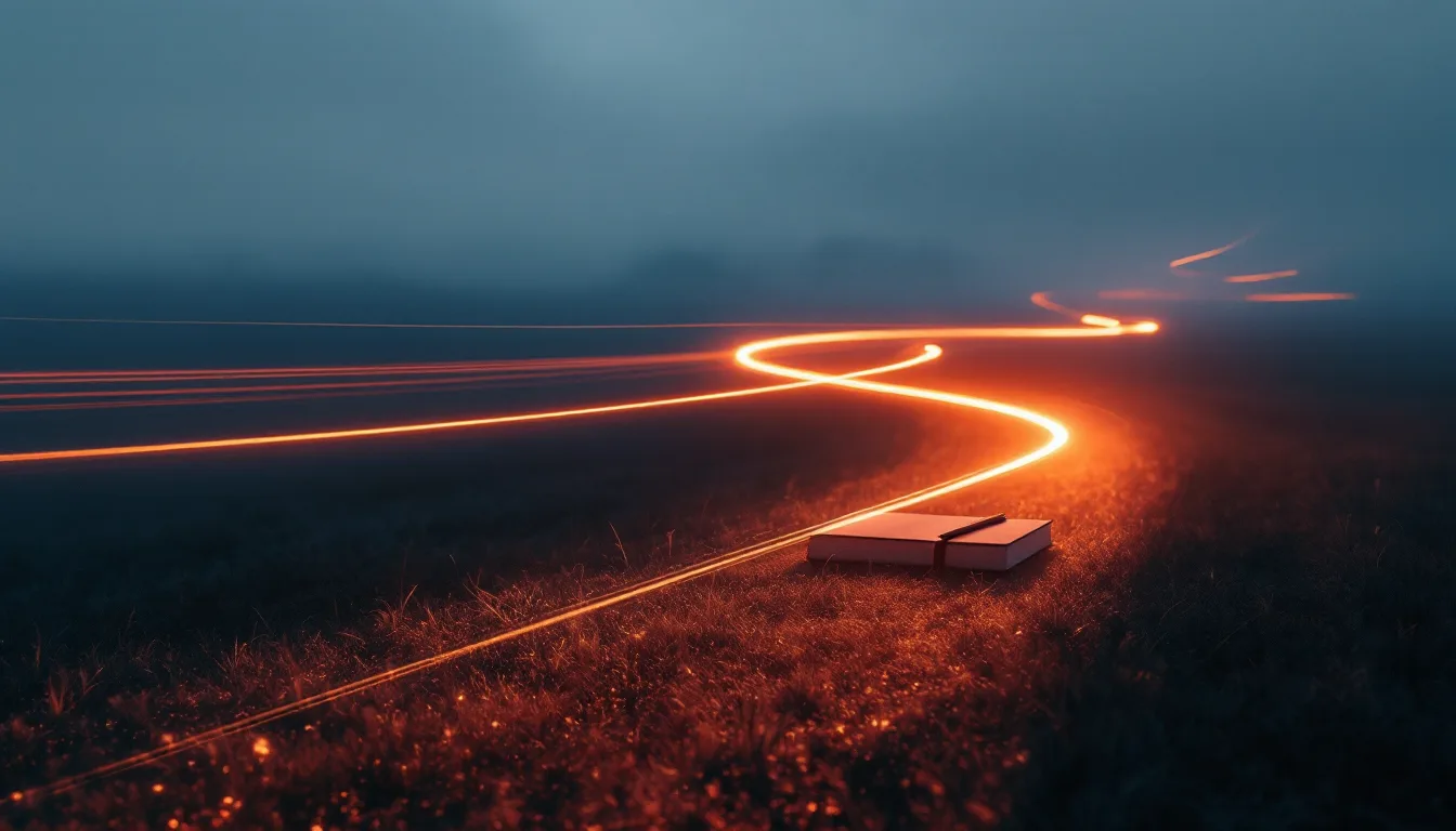 Rust and gold light trails curving above a writer's lamp-lit desk